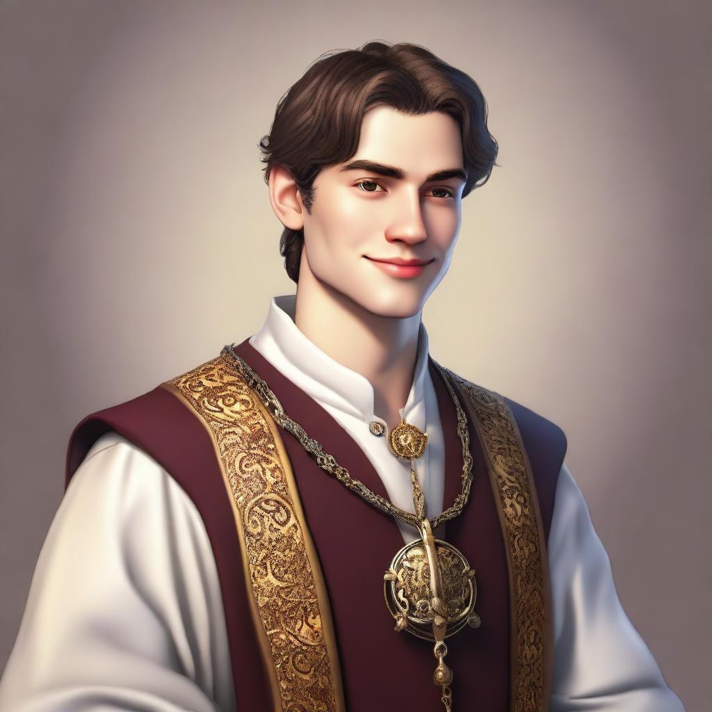 A young, friendly medieval judge dressed in fine, richly decorated robes