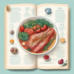 A beautifully illustrated recipe book page featuring a delicious dish