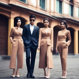 Create an image featuring Indonesian models posing in a fashion photoshoot