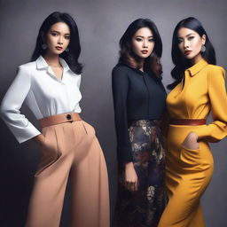 Create an image featuring Indonesian models posing in a fashion photoshoot