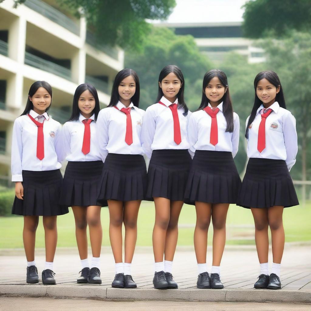 Create an image featuring Indonesian high school girls in their school uniforms