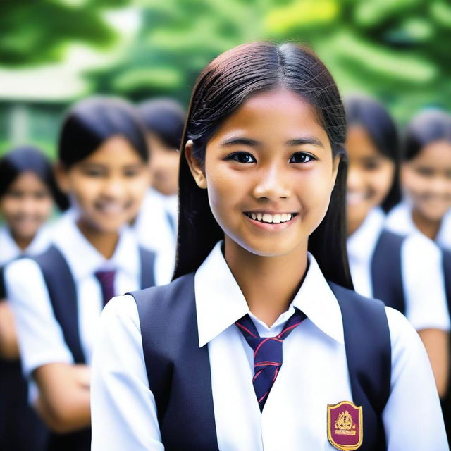 Create an image featuring Indonesian high school girls in their school uniforms