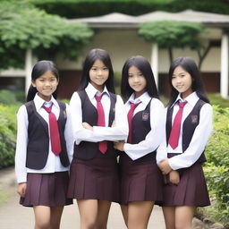 Create an image featuring Indonesian high school girls in their school uniforms