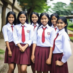 Create an image featuring Indonesian high school girls in their school uniforms