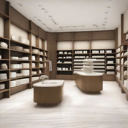 A detailed design for a store featuring displays for ceramics, porcelain tiles, bathrooms, and other construction materials