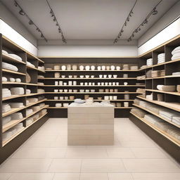 A detailed design for a store featuring displays for ceramics, porcelain tiles, bathrooms, and other construction materials