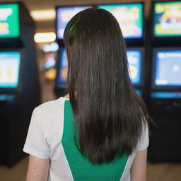 casual photograpy by kodak from the back, female , 23 year old with green eyes and black long hai with withe streaks in the bangs, ocational clothes.,freckles, playing arcade video games, medium distance shot, high detailed, 4k hd,  --styerw--v 5.2 ar 2-3