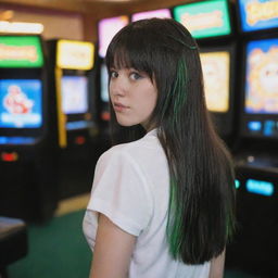 casual photograpy by kodak from the back, female , 23 year old with green eyes and black long hai with withe streaks in the bangs, ocational clothes.,freckles, playing arcade video games, medium distance shot, high detailed, 4k hd,  --styerw--v 5.2 ar 2-3