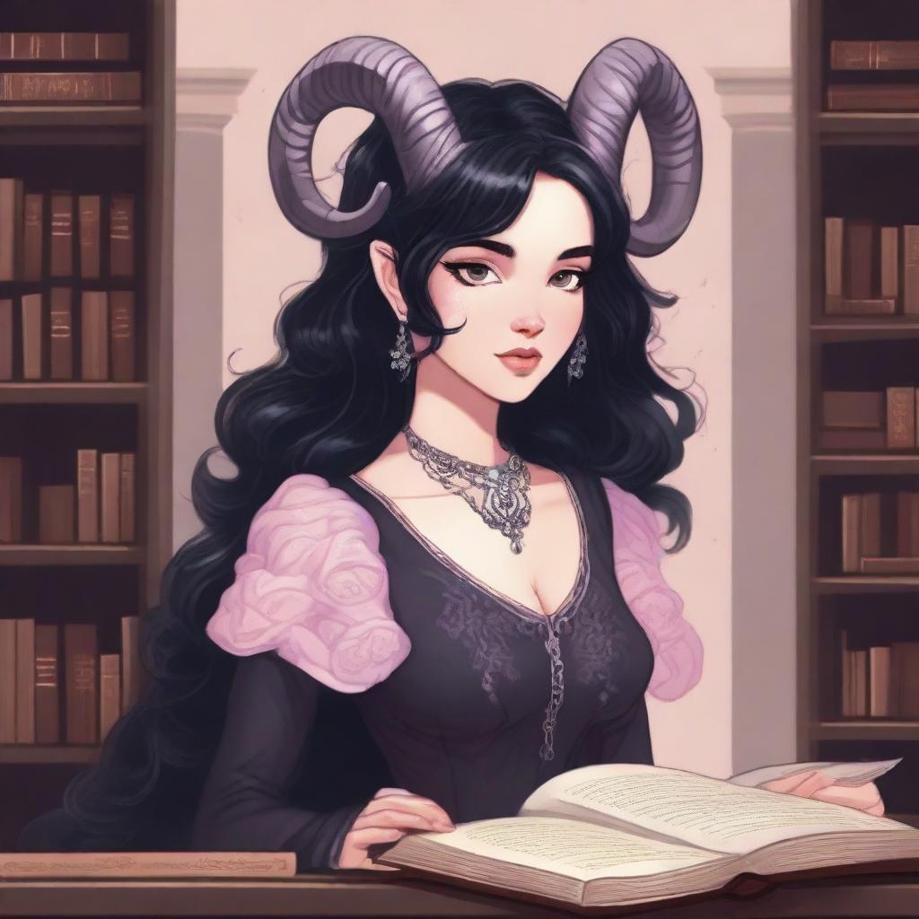 A detailed illustration of a pinkish rose-skinned female in her early 20's with black hair, a curvaceous body type, curled ram-style horns, silver eyes, and dark academic wizard style clothing