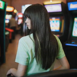 casual photograpy by kodak from the back, female , 23 year old with green eyes and black long hai with withe streaks in the bangs, ocational clothes.,freckles, playing arcade video games, medium distance shot, high detailed, 4k hd,  --styerw--v 5.2 ar 2-3