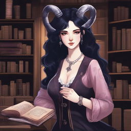 A detailed illustration of a pinkish rose-skinned female in her early 20's with black hair, a curvaceous body type, curled ram-style horns, silver eyes, and dark academic wizard style clothing