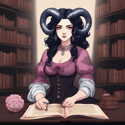 A detailed illustration of a pinkish rose-skinned female in her early 20's with black hair, a curvaceous body type, curled ram-style horns, silver eyes, and dark academic wizard style clothing