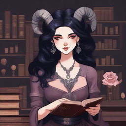 A detailed illustration of a pinkish rose-skinned female in her early 20's with black hair, a curvaceous body type, curled ram-style horns, silver eyes, and dark academic wizard style clothing