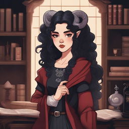 A detailed illustration of a light red-skinned female in her early 20's with black hair, a curvaceous body type, curled ram-style horns, silver eyes, and dark academic wizard style clothing