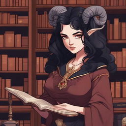 A detailed illustration of a light red-skinned female in her early 20's with black hair, a curvaceous body type, curled ram-style horns, silver eyes, and dark academic wizard style clothing