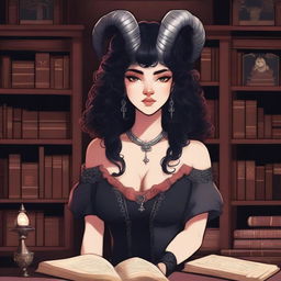 A detailed illustration of a light red-skinned female in her early 20's with black hair, a curvaceous body type, curled ram-style horns, silver eyes, and dark academic wizard style clothing