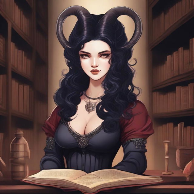 A detailed illustration of a light red-skinned female in her early 20's with black hair, a curvaceous body type, curled ram-style horns, silver eyes, and dark academic wizard style clothing