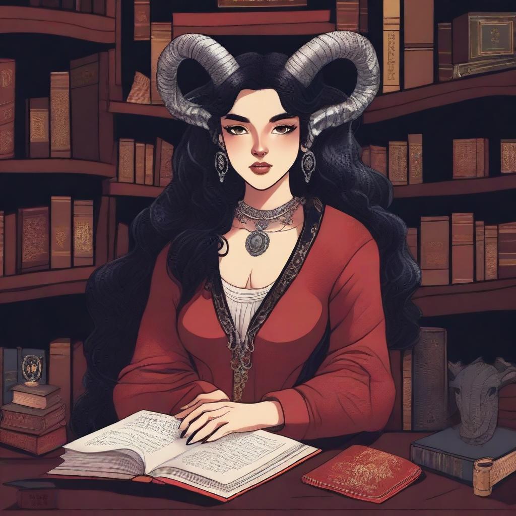 A detailed illustration of a light red-skinned female in her early 20's with black hair, a curvaceous body type, curled ram-style horns, silver eyes, and dark academic wizard style clothing