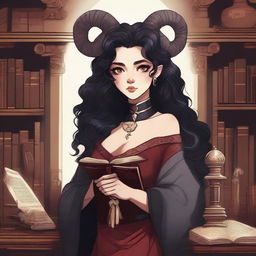 A detailed illustration of a light red-skinned female in her early 20's with black hair, a curvaceous body type, curled ram-style horns, silver eyes, and dark academic wizard style clothing