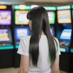 casual photograpy by kodak from the back, female , 23 year old with green eyes and black long hai with withe streaks in the bangs, ocational clothes.,freckles, playing arcade video games, medium distance shot, high detailed, 4k hd,  --styerw--v 5.2 ar 2-3