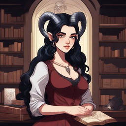 A detailed illustration of a light red-skinned female in her early 20's with black hair, a curvaceous body type, curled ram-style horns, silver eyes, and dark academic wizard style clothing