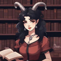 A detailed illustration of a light red-skinned female in her early 20's with black hair, a curvaceous body type, curled ram-style horns, silver eyes, and dark academic wizard style clothing