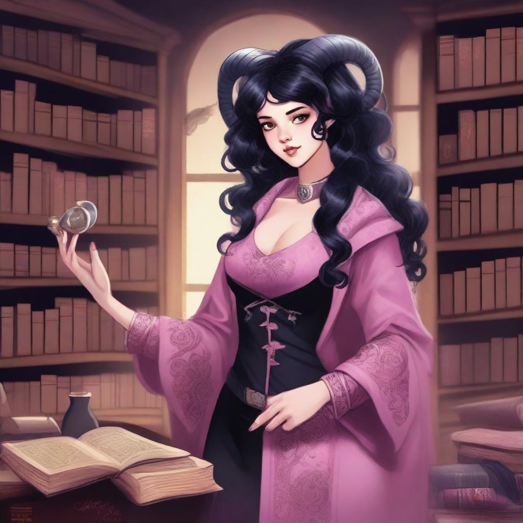 A detailed illustration of a female with pink skin in her early 20's, with black hair, a curvaceous body type, curled ram-style horns, silver eyes, and dark academic wizard style clothing