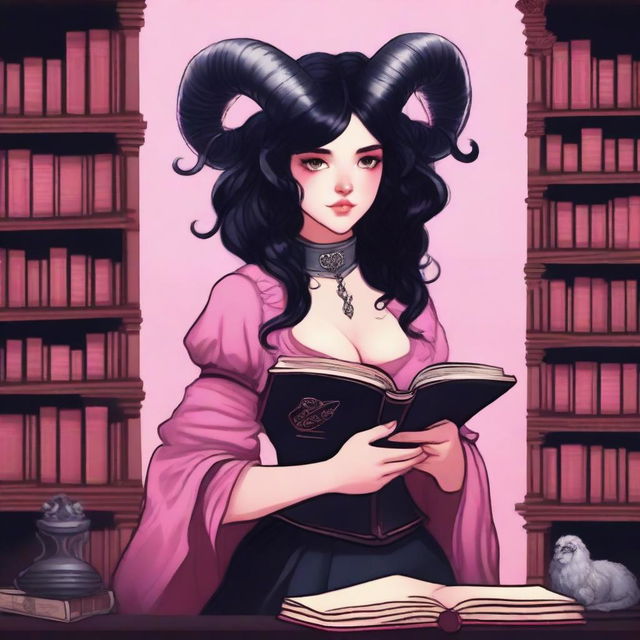 A detailed illustration of a female with pink skin in her early 20's, with black hair, a curvaceous body type, curled ram-style horns, silver eyes, and dark academic wizard style clothing