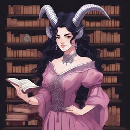 A detailed illustration of a female with pink skin in her early 20's, with black hair, a curvaceous body type, curled ram-style horns, silver eyes, and dark academic wizard style clothing