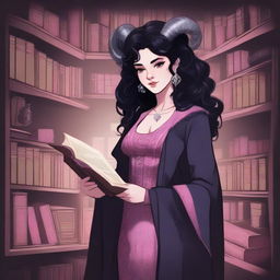 A detailed illustration of a female with pink skin in her early 20's, with black hair, a curvaceous body type, curled ram-style horns, silver eyes, and dark academic wizard style clothing