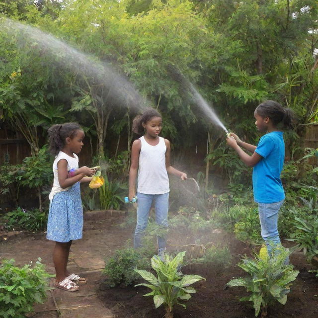 A vibrant garden inside which a girl with a plant water sprayer stands. Two more girls are focused in front of her, one planting a tree and the other offering assistance.