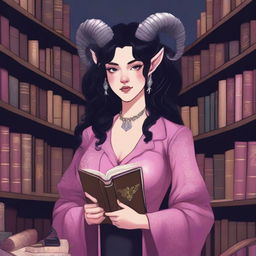 A detailed illustration of a female with pink skin in her early 20's, with black hair, a curvaceous body type, curled ram-style horns, silver eyes, and dark academic wizard style clothing