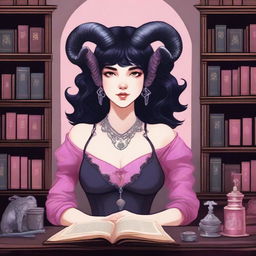 A detailed illustration of a female with pink skin in her early 20's, with black hair, a curvaceous body type, curled ram-style horns, silver eyes, and dark academic wizard style clothing