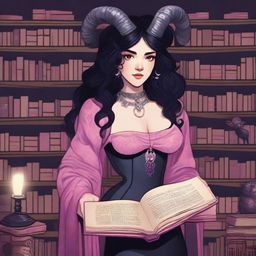 A detailed illustration of a female with pink skin in her early 20's, with black hair, a curvaceous body type, curled ram-style horns, silver eyes, and dark academic wizard style clothing