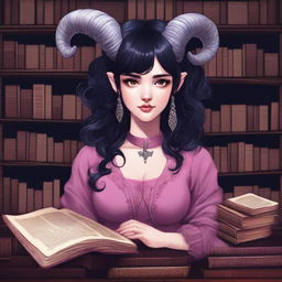 A detailed illustration of a female with pink skin in her early 20's, with black hair, a curvaceous body type, curled ram-style horns, silver eyes, and dark academic wizard style clothing