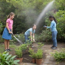A vibrant garden inside which a girl with a plant water sprayer stands. Two more girls are focused in front of her, one planting a tree and the other offering assistance.