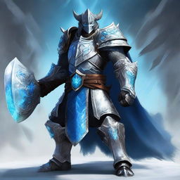 A majestic silver dragonborn paladin clad in gleaming plate armor, wielding a massive two-handed frost axe