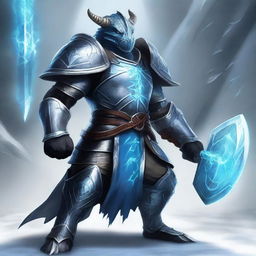 A majestic silver dragonborn paladin clad in gleaming plate armor, wielding a massive two-handed frost axe