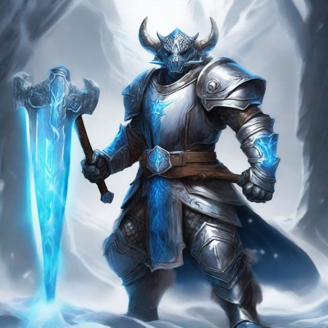 A majestic silver dragonborn paladin clad in gleaming plate armor, wielding a massive two-handed frost axe