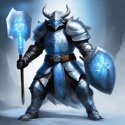 A majestic silver dragonborn paladin clad in gleaming plate armor, wielding a massive two-handed frost axe