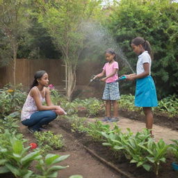 A vibrant garden inside which a girl with a plant water sprayer stands. Two more girls are focused in front of her, one planting a tree and the other offering assistance.