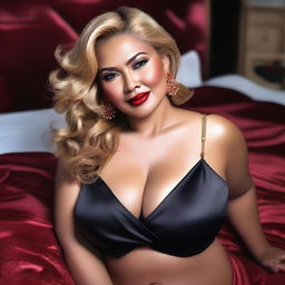 A high-quality digital rendering of a voluptuous and beautiful mature Indonesian Javanese woman with wavy golden blonde hair, big earrings, and red high heels