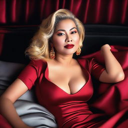 A high-quality digital rendering of a voluptuous and beautiful mature Indonesian Javanese woman with wavy golden blonde hair, big earrings, and red high heels