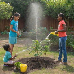 A vibrant garden inside which a girl with a plant water sprayer stands. Two more girls are focused in front of her, one planting a tree and the other offering assistance.