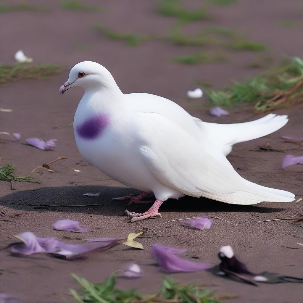 A male white pigeon with purple accents lying dead on the ground