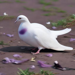 A male white pigeon with purple accents lying dead on the ground