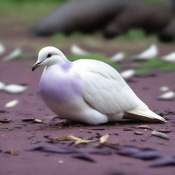 A male white pigeon with purple accents lying dead on the ground