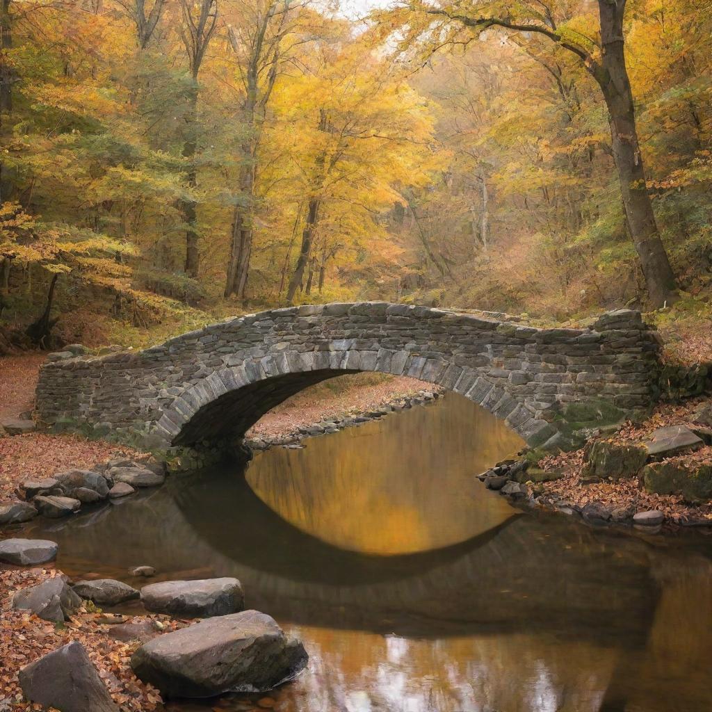 An old stone bridge arching gracefully over a serene river under the golden autumn light, surrounded by an otherworldly forest.