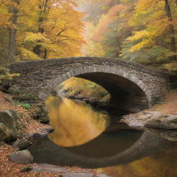 An old stone bridge arching gracefully over a serene river under the golden autumn light, surrounded by an otherworldly forest.