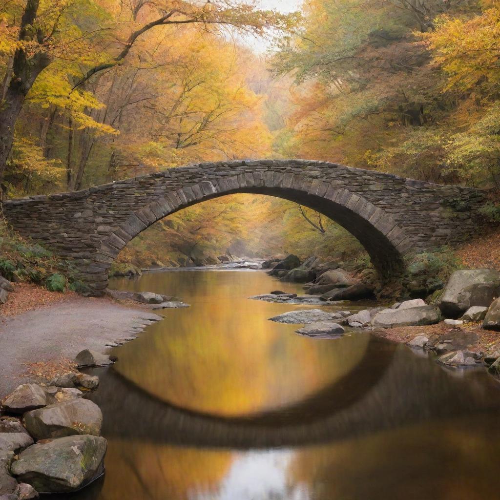 An old stone bridge arching gracefully over a serene river under the golden autumn light, surrounded by an otherworldly forest.